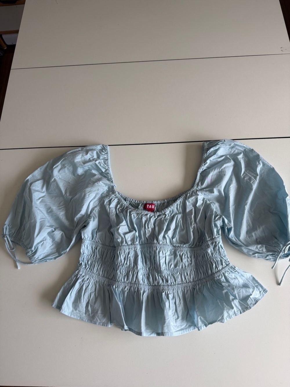 Staud Light Blue Puff Sleeve Smocked Peplum Top 12